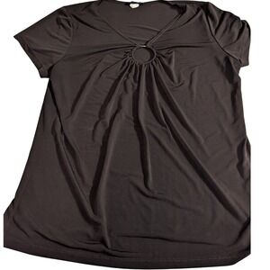 Blooming Rose Brown Gathered Ring V Neck Short Sleeve Top Women's Size M